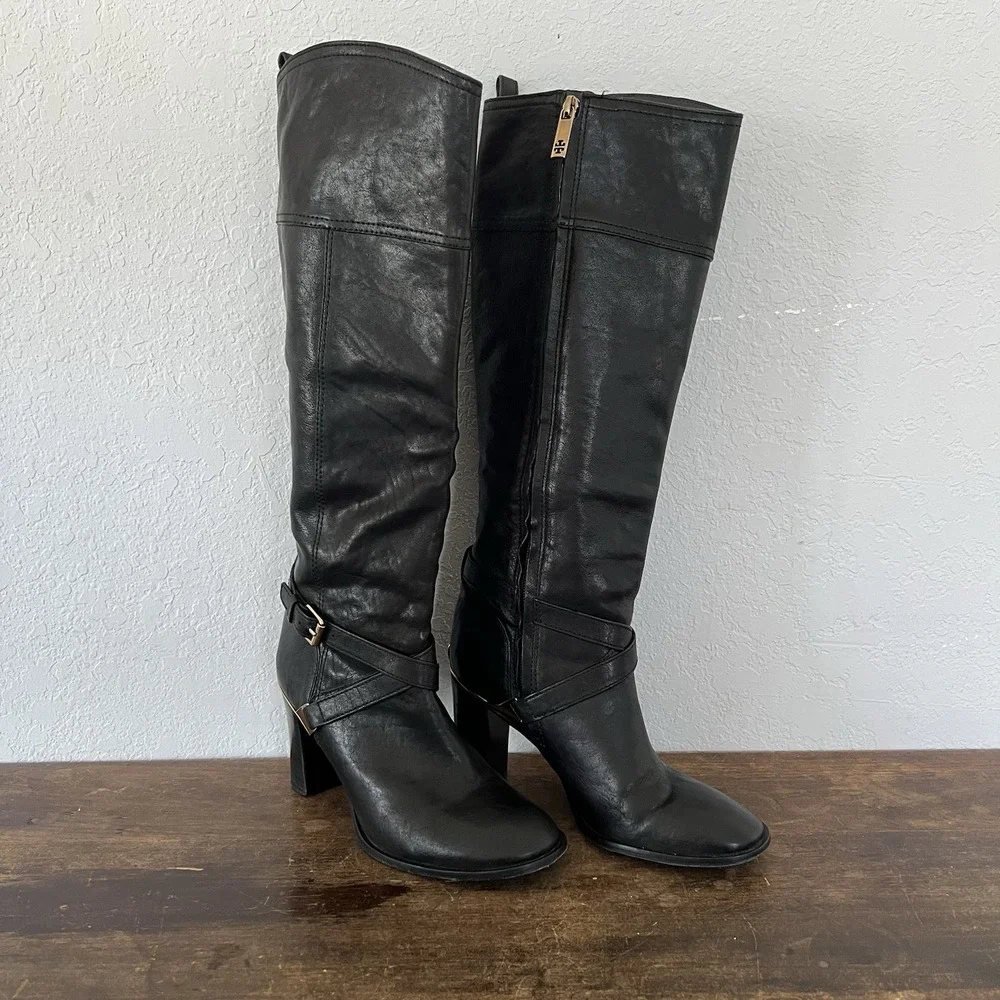 Tory‎ Burch Livingston Leather Riding Boot Black Equestrian Heel Tall Buckle 7.5